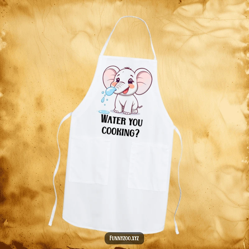 Funny cartoon elephant spraying water from its trunk, featured prominently on this durable kitchen apron. Great for cooking fun.