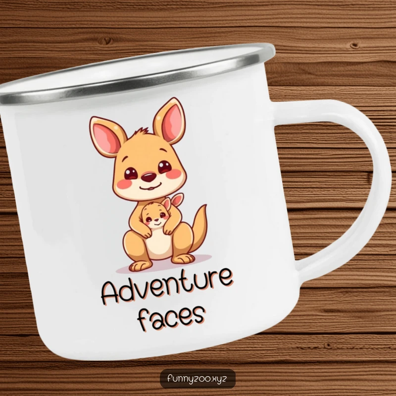 Funny Kangaroo Camping Mug: Kangaroo and joey making faces, ideal for family adventures.