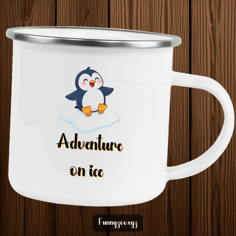 Funny cartoon penguin sliding down an icy slope on a sturdy camping mug. Perfect for winter camping fun.