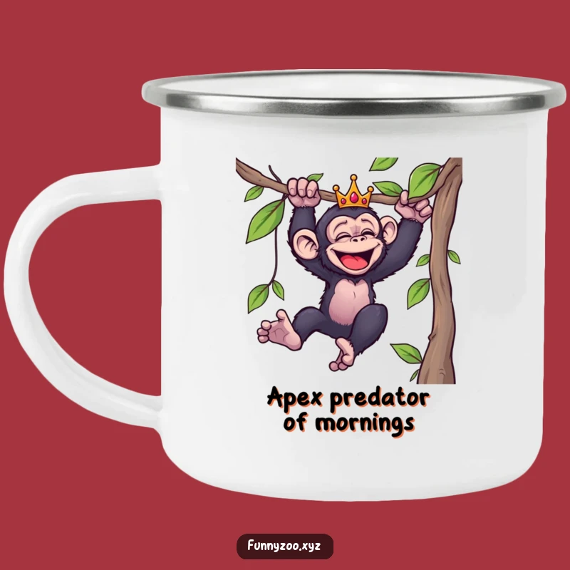 Funny Giggling Chimp Camping Mug: Trailside Laughs with a Crowned Swinging Primate