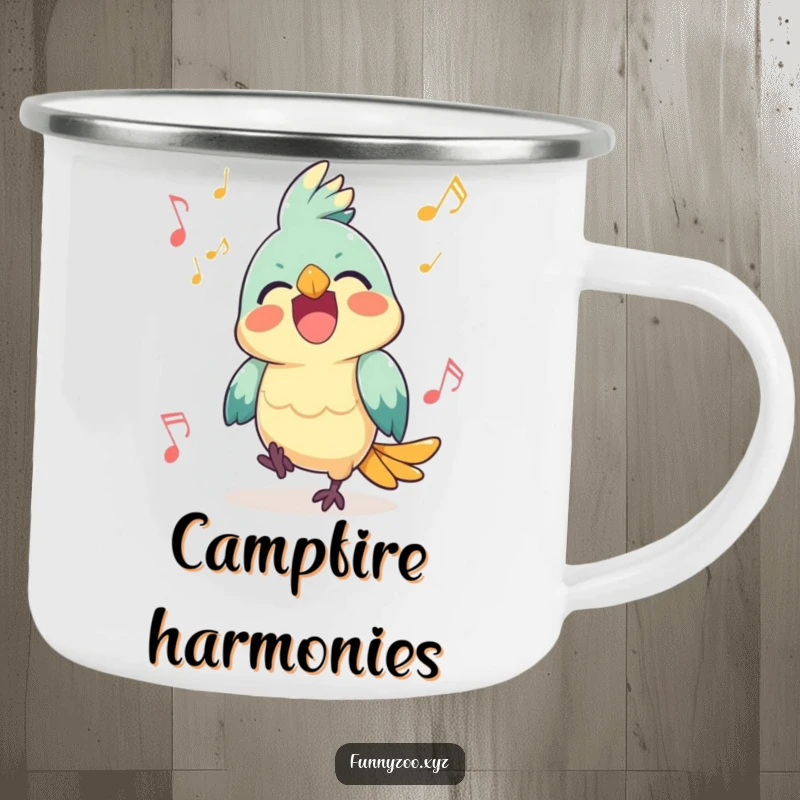 Funny Parrot Camping Mug: Parrot squawking with joy amid musical notes, ideal for adventures.