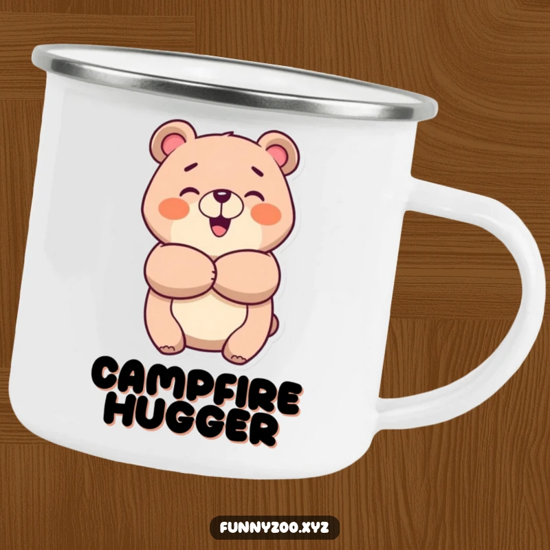 Funny cheerful bear camping mug, rugged and ready for the outdoors, featuring a bear giving a big, happy hug.