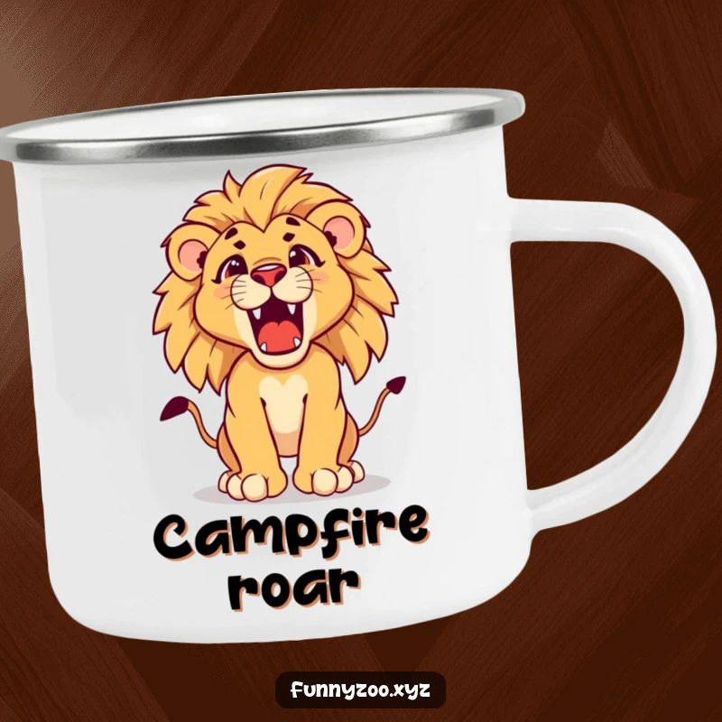 Funny lion cub camping mug, showcasing a determined young lion cub cub practicing its majestic roar, built for outdoor bravery.