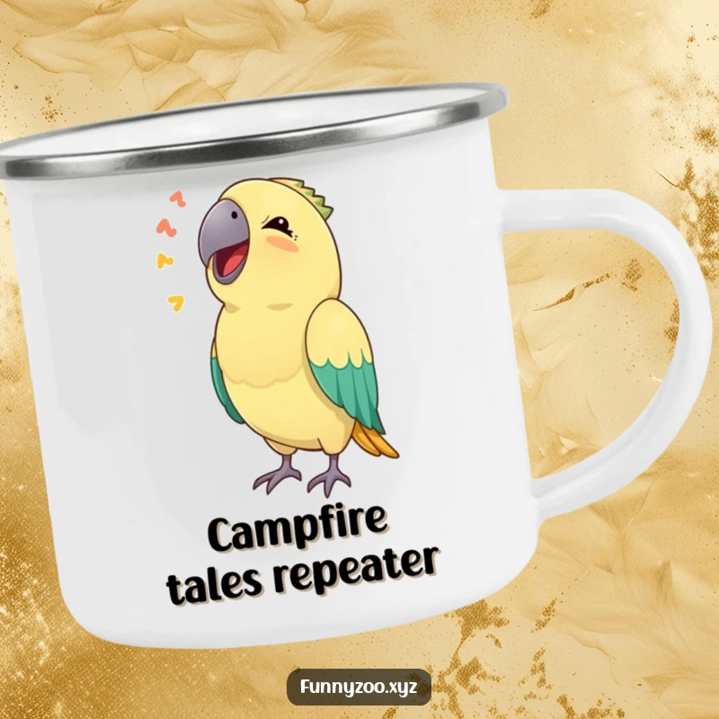 Funny camping mug showing a parrot hilariously mimicking a sound, perfect for bird lovers with a sense of humor.