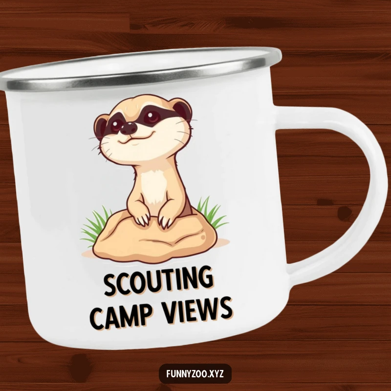 Funny curious meerkat camping mug, rugged and ready, featuring a meerkat popping its head out of a burrow, observing nature.