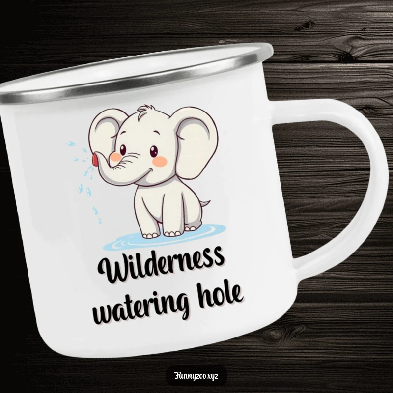 Funny elephant camping mug, showcasing a happy elephant character spraying water, built for adventure and laughter.