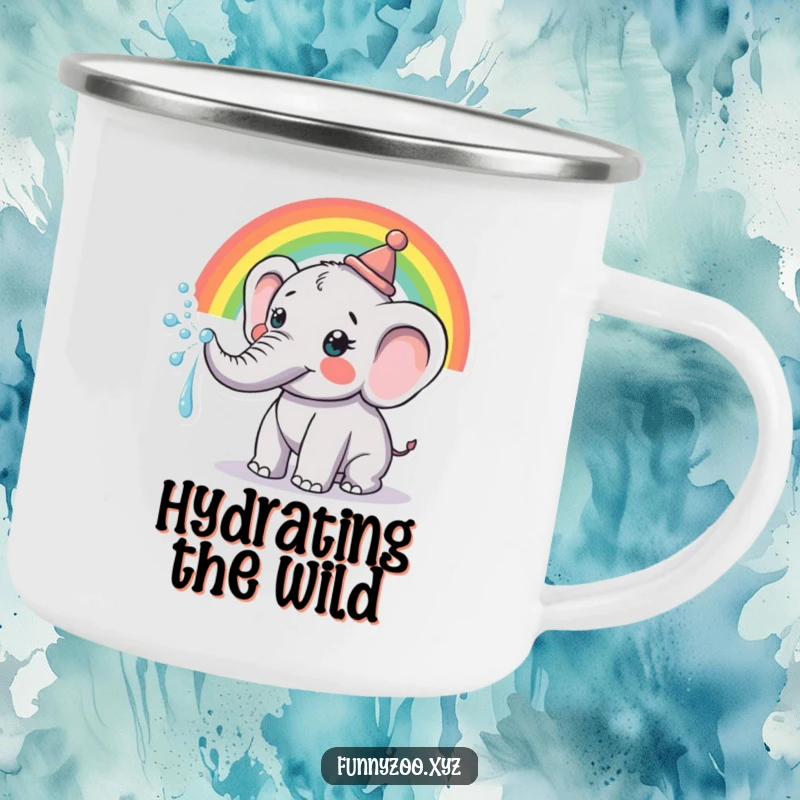 Funny Camping Mug: Enamel mug with a happy elephant in a hat, spraying a vibrant rainbow from its trunk.