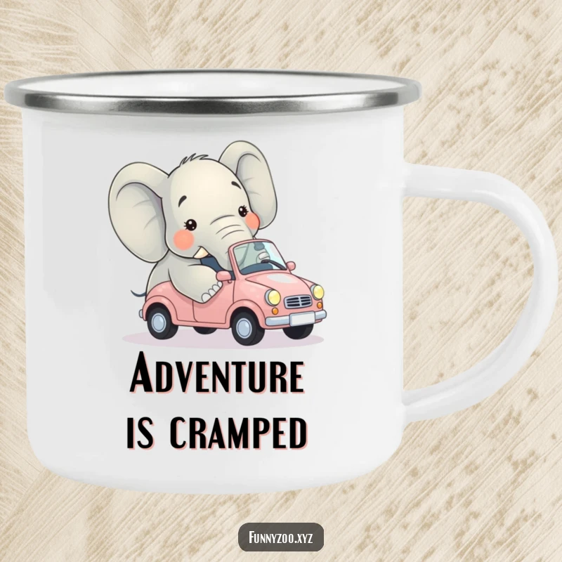 Funny camping mug displaying a large elephant comically wedged in a tiny car, perfect for outdoor laughs.