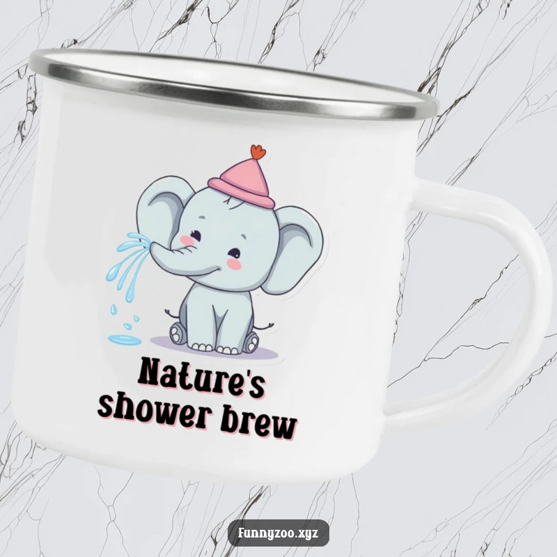 Funny Elephant Rainbow Spray Camping Mug: A sturdy camping mug featuring a happy elephant spraying a rainbow, ready for outdoor fun.