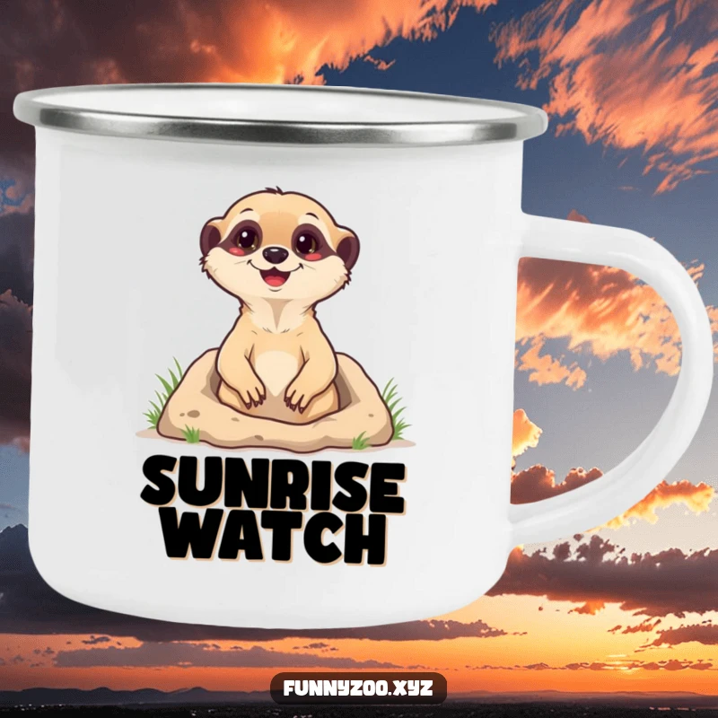 Funny Camping Mug featuring a happy meerkat popping out of its burrow, ready for adventure, a humorous and durable outdoor beverage holder.