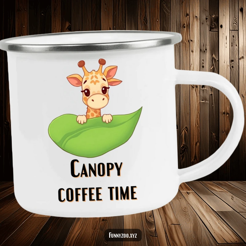 Funny Giraffe Camping Mug giggling and peeking over a giant leaf, perfect for outdoor adventures, a playful funny gift.