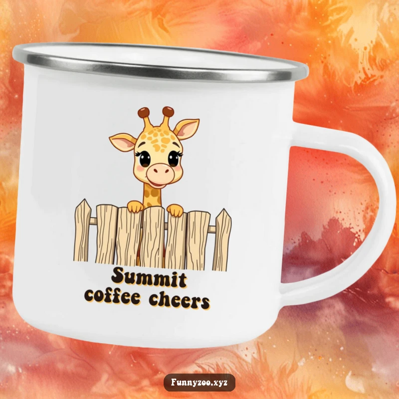 Funny Camping Mug: Cheerful giraffe peering over a tall fence, a durable and humorous mug for outdoor enthusiasts.