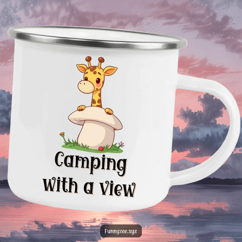 Funny Giraffe Mushroom Camping Mug a cheerful giraffe peeks over a giant mushroom, making this enamel mug a humorous camping companion.