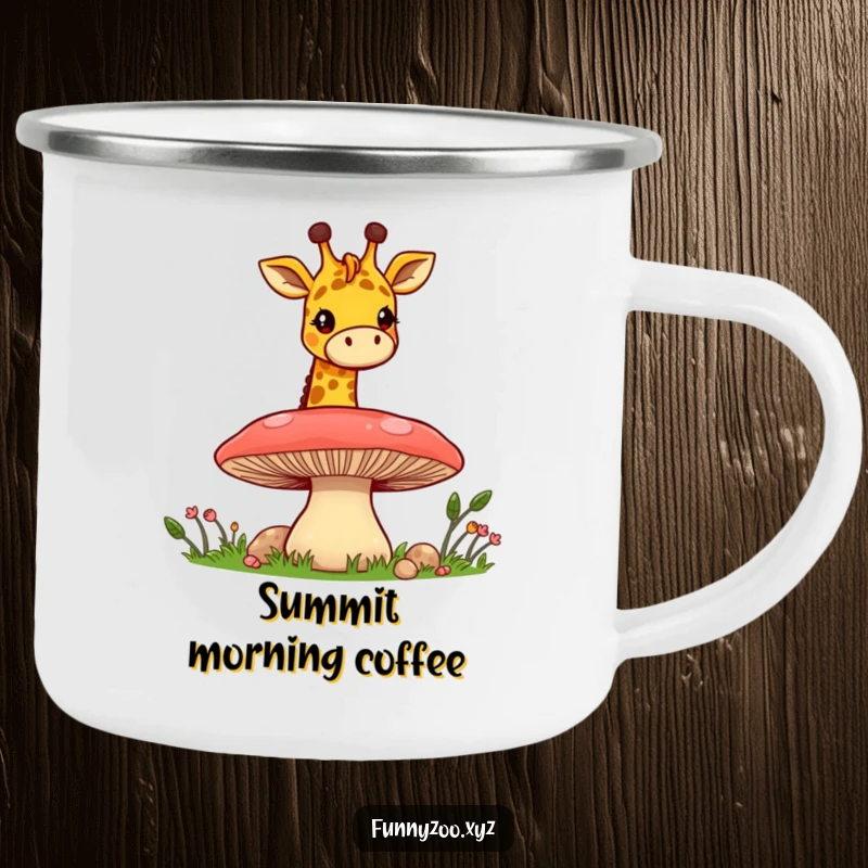 Funny Giraffe Mushroom Peek Camping Mug: A sturdy camping mug featuring a cheerful giraffe peeking over a mushroom, ready for outdoor fun.