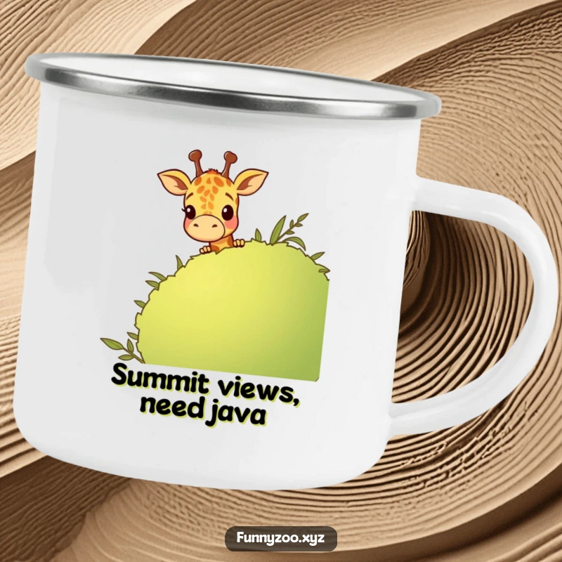 Funny giraffe peeking over a cartoon bush, a durable and humorous camping mug for outdoor enthusiasts.