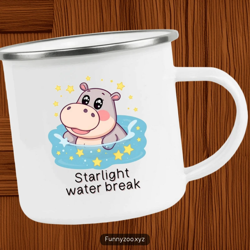 Funny hippo camping mug, big eyes, giggling splash in a star-filled pool, perfect for enjoying drinks under cosmic skies.