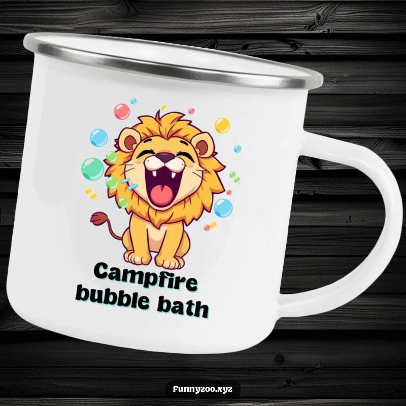 Funny lion camping mug featuring a playful character roaring and blowing colorful bubbles, for humorous outdoor enjoyment.
