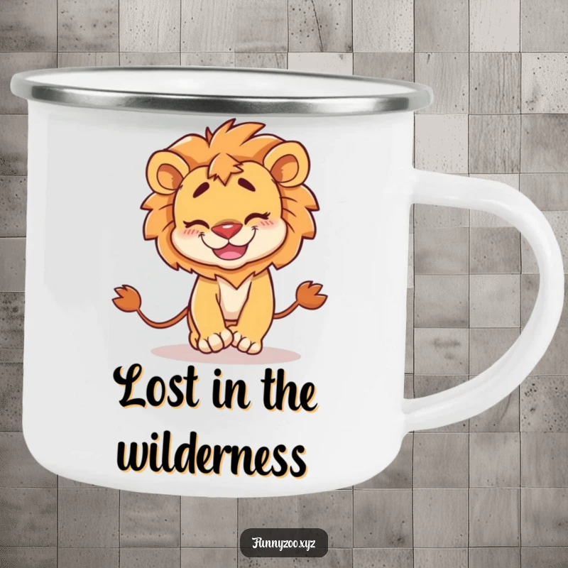 Funny Camping Mug: Enamel mug with a goofy lion grinning, comically chasing its own tail in the great outdoors.