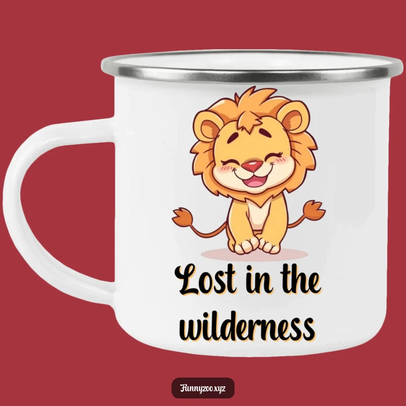 Funny Lion Camping Mug: Goofy Tail Chase - Durable & Hilarious Outdoor Gift!