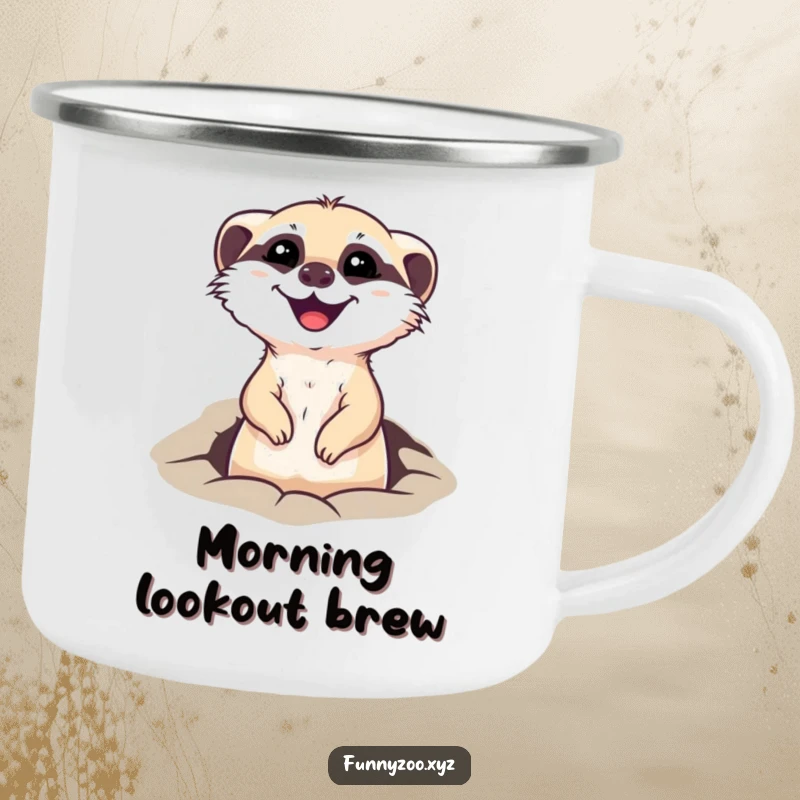 Funny camping mug featuring a happy meerkat peeking out of a hole, perfect for hot drinks during outdoor adventures.