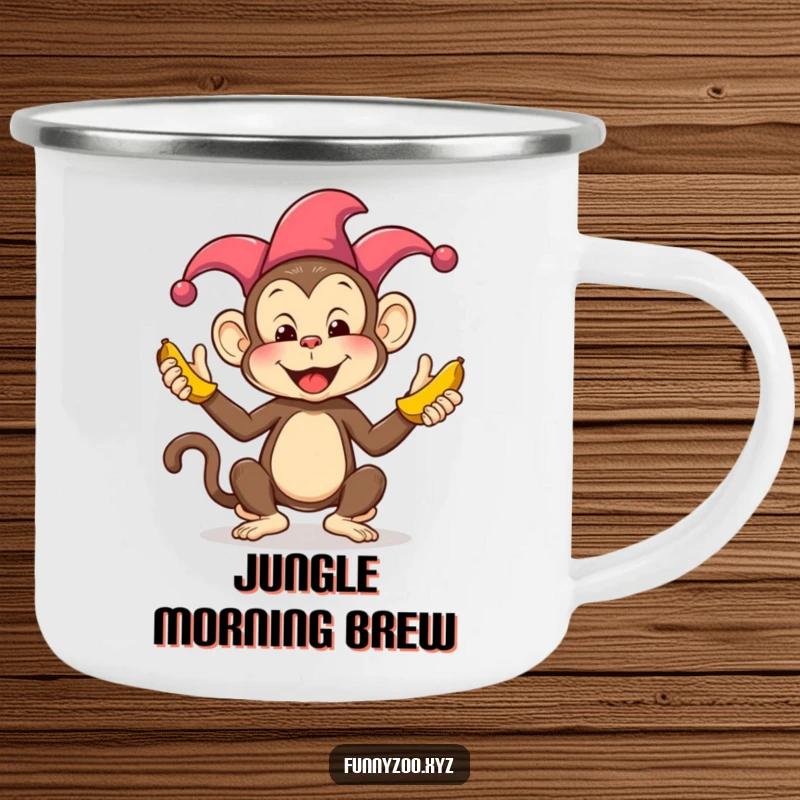 Funny Monkey Juggling Bananas Camping Mug: A rugged mug featuring a funny jester monkey juggling bananas, ready for outdoor adventures.