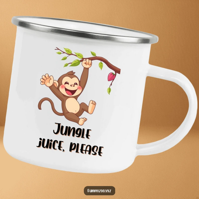 Funny cartoon monkey swinging from a vine on a sturdy camping mug. Perfect for enjoying drinks outdoors with humor.