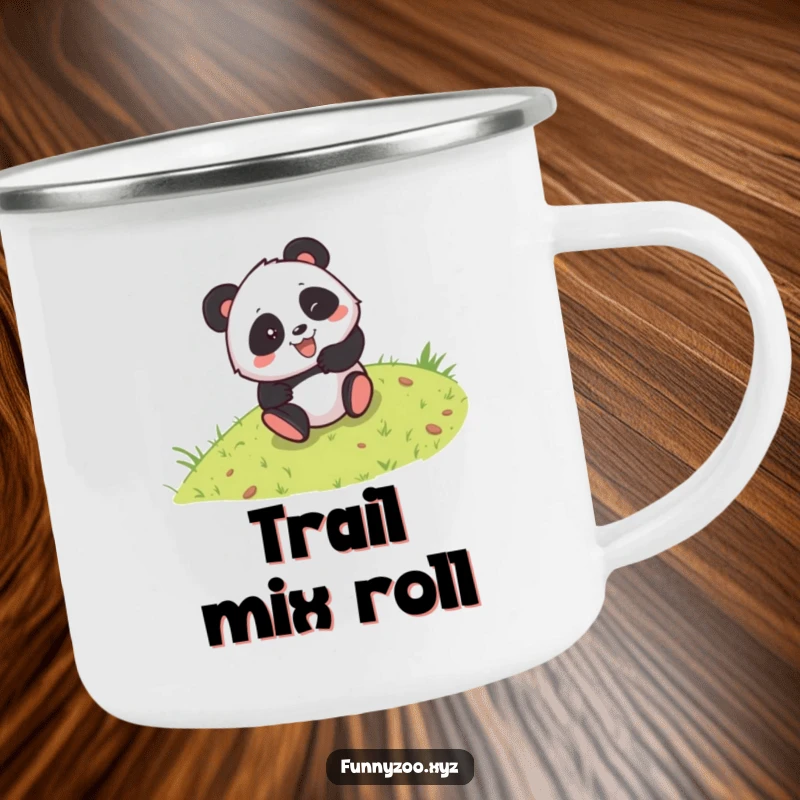 Funny camping mug featuring a mischievous panda rolling down a grassy hill, perfect for hot drinks on any adventure.