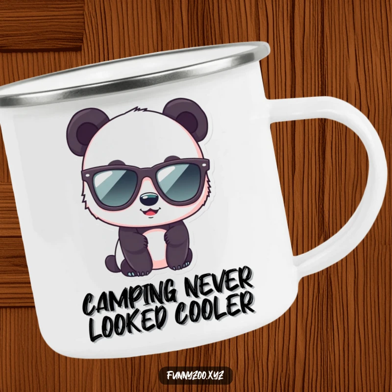Funny panda camping mug with a cute bear character wearing oversized sunglasses.