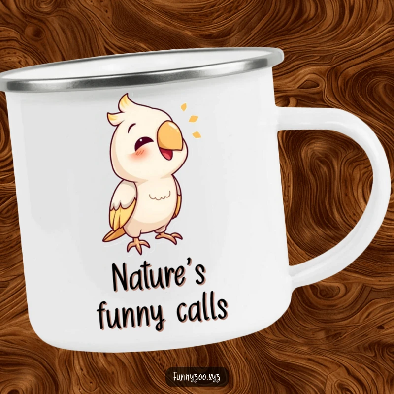 Funny parrot camping mug with a smiling bird character mimicking a funny sound.