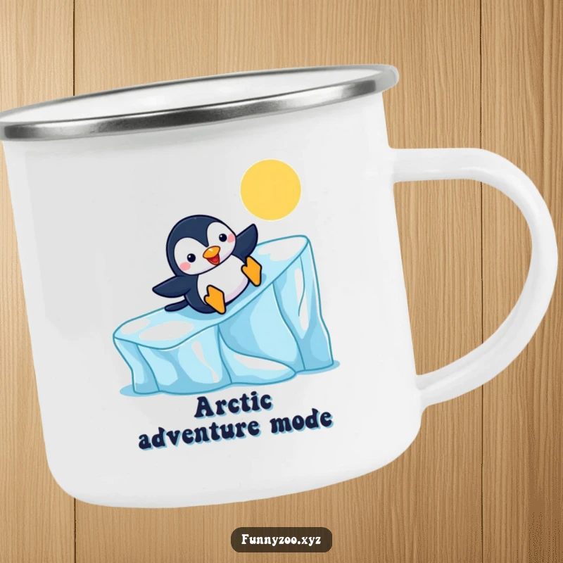 Funny Penguin Camping Mug sliding down a colorful iceberg, perfect for outdoor adventures, a cheerful funny gift.