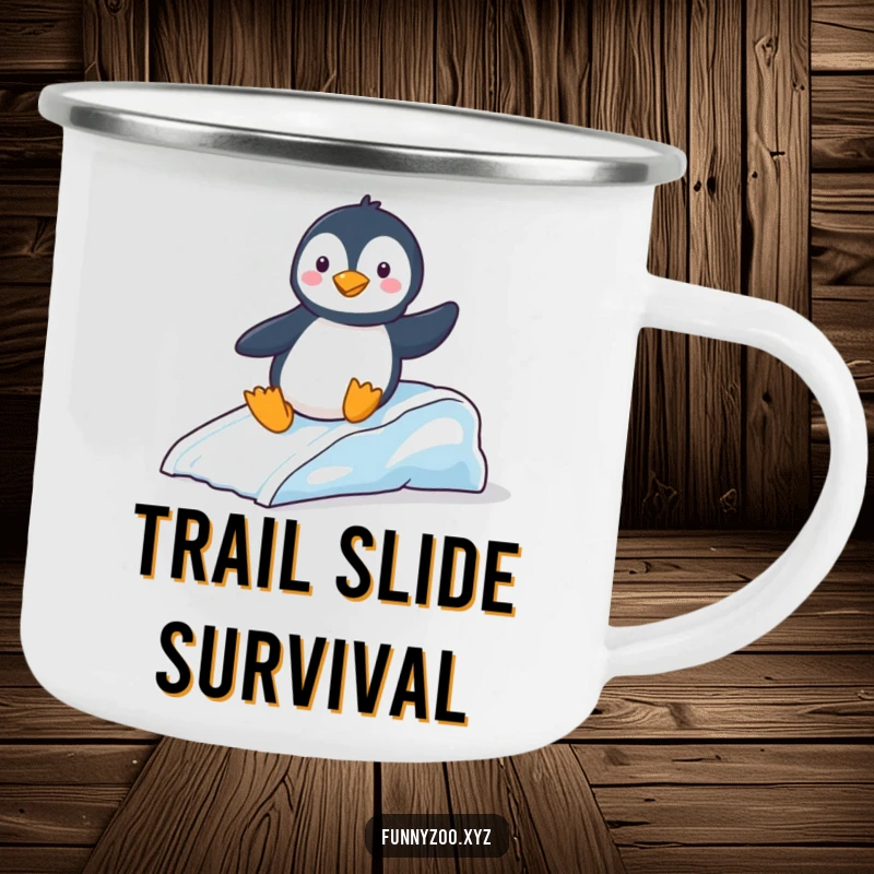 Funny Camping Mug: Playful penguin sliding down an ice slide, a durable and humorous mug for outdoor enthusiasts.