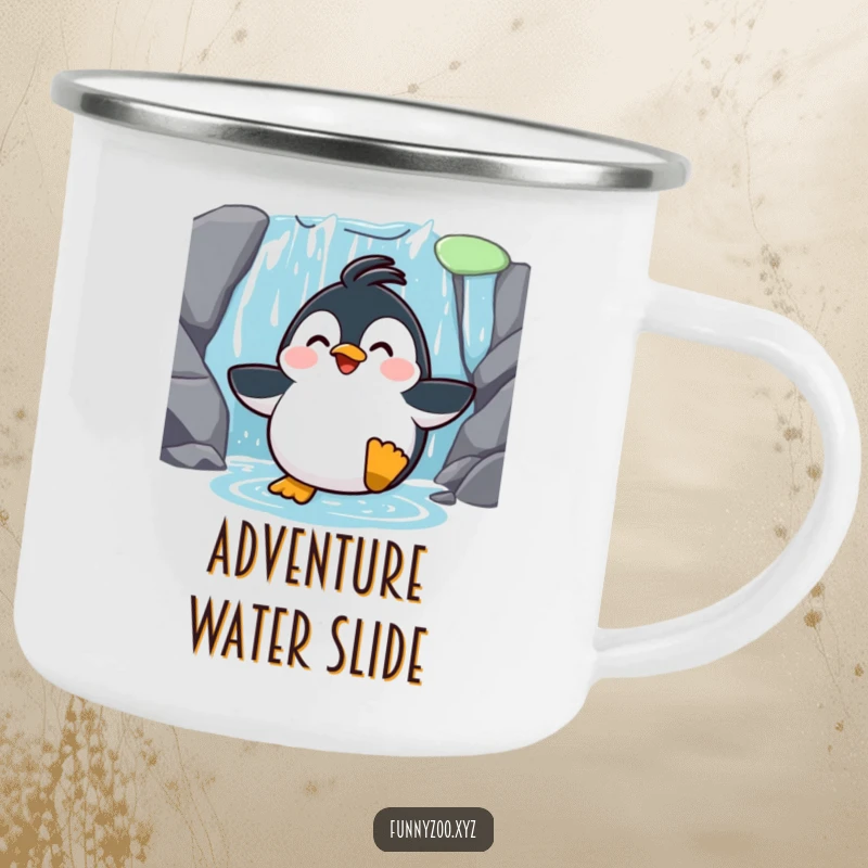 Funny Penguin Waterfall Slide Camping Mug: A sturdy camping mug featuring a surprised penguin sliding down a waterfall, ready for outdoor fun.