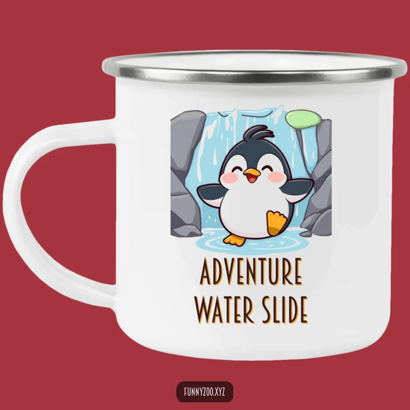 Funny Penguin Waterfall Slide Camping Mug: Outdoor Adventure Gift