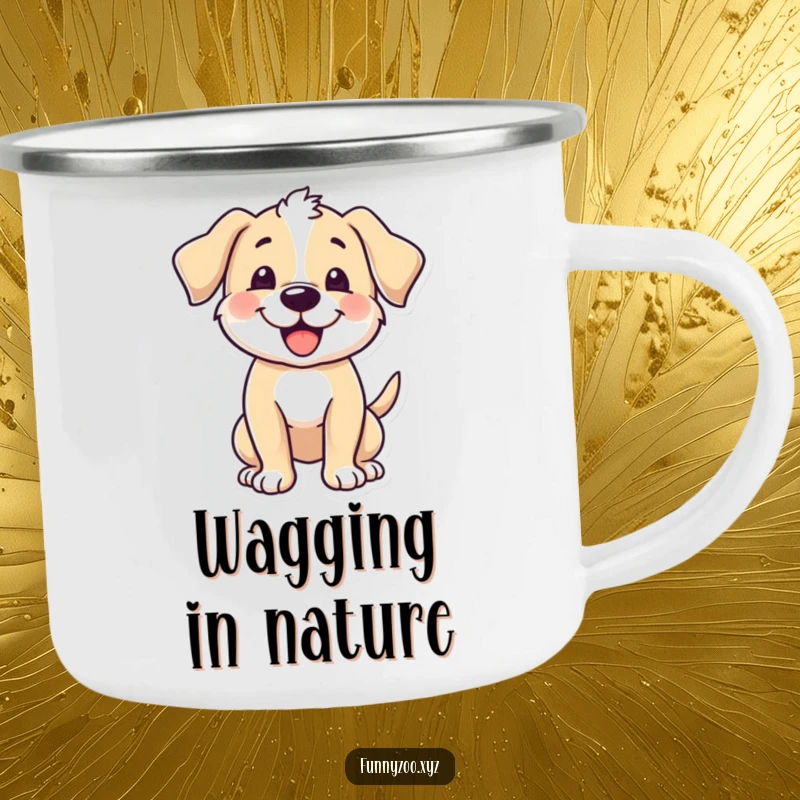 Funny puppy camping mug, character excitedly wagging its tail, durable for outdoors, happy and loyal, great funny gift.