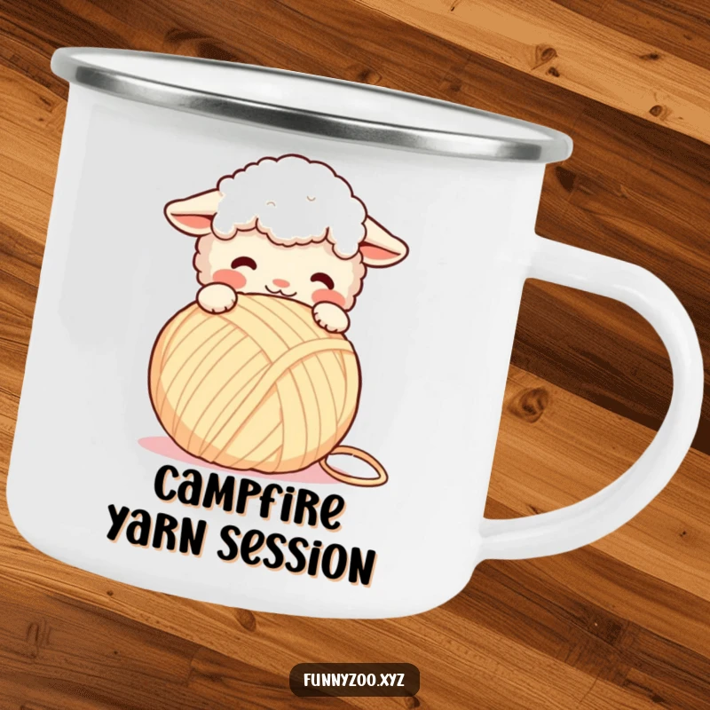 Funny Camping Mug: Fluffy sheep headbutting a giant yarn ball, a durable and humorous mug for crafters.