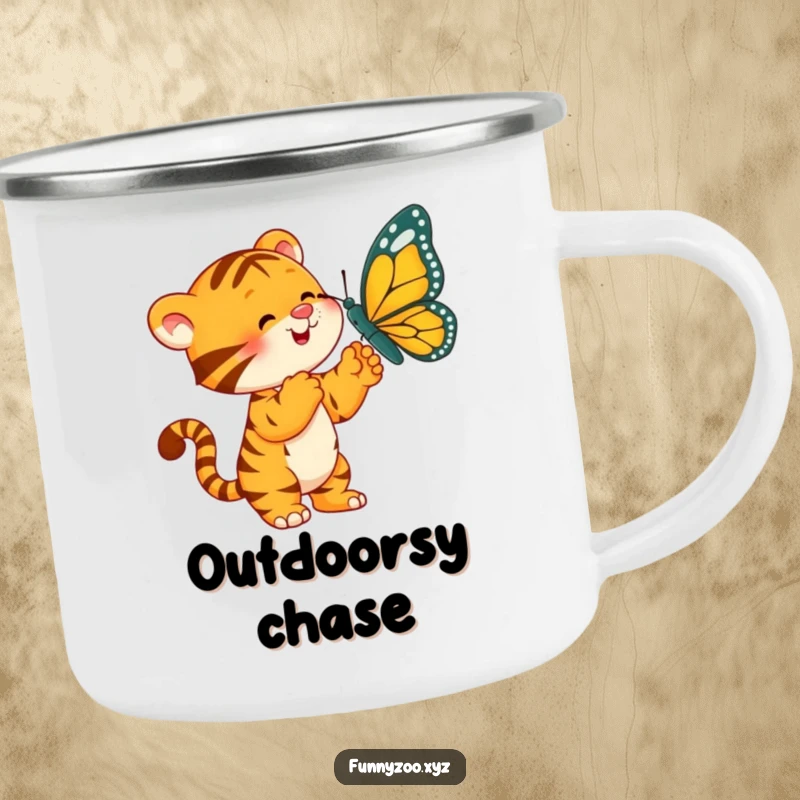 Funny Tiger Camping Mug: Tiger batting at butterfly, ideal for playful outdoor moments.