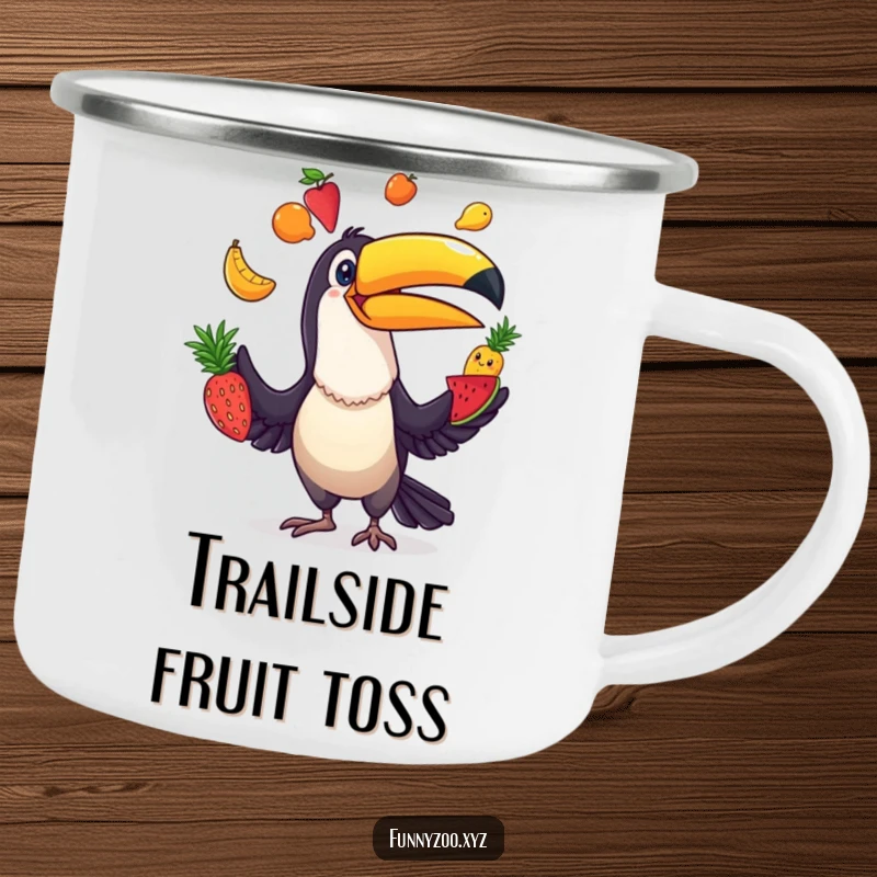 Funny Toucan Juggler Camping Mug: Durable mug with a comical toucan juggling colorful fruits, perfect for outdoor trips.