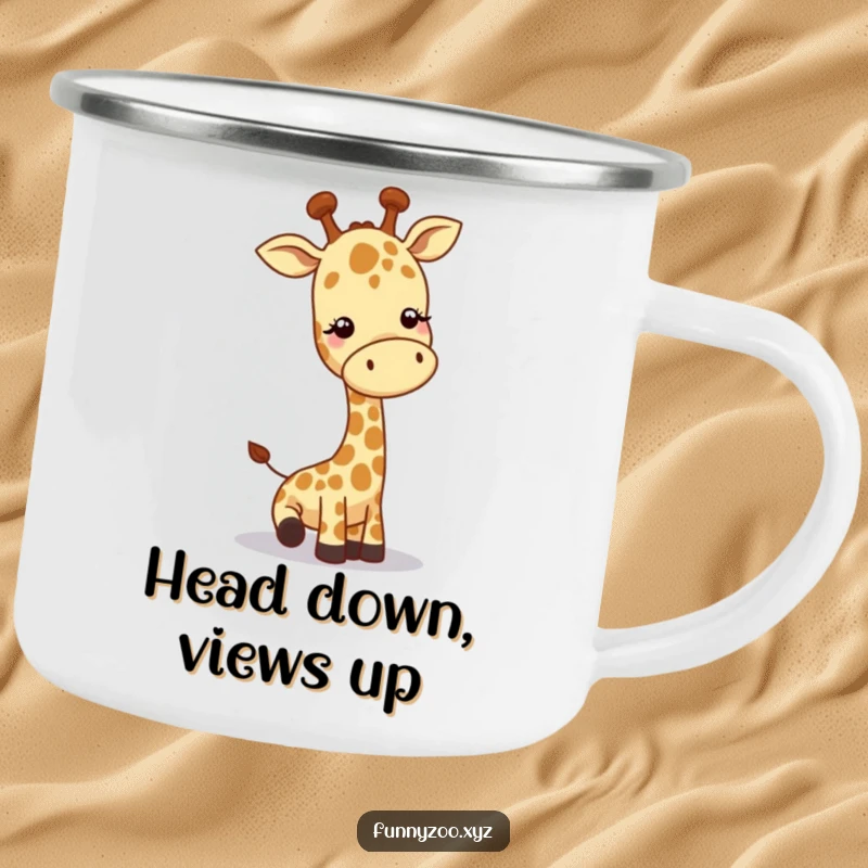 Funny giraffe camping mug, character lowering head to greet, durable for outdoors, playful and fun, great funny gift.