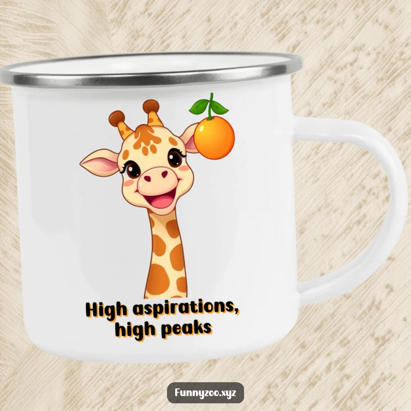 Funny camping mug with a cheerful giraffe and a wide grin, reaching for a dangling, colorful fruit.