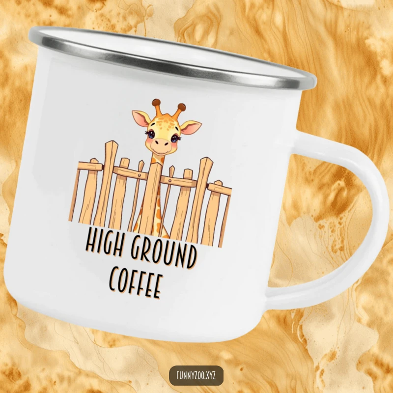 Funny camping mug showing a happy giraffe peeking over a fence, ideal for outdoor enjoyment and conversation.