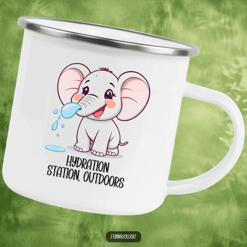 Funny cartoon elephant spraying water from its trunk on a sturdy camping mug. Perfect for enjoying drinks outdoors with humor.