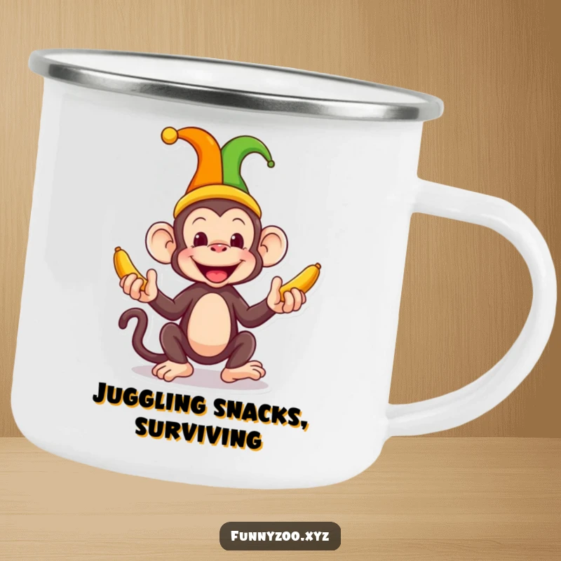 Funny Monkey Jester Camping Mug a silly monkey juggles bananas while wearing a jester hat, making this enamel mug a humorous camping companion.
