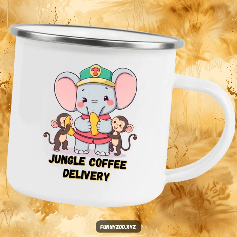 Funny Camping Mug: Elephant zookeeper offering banana to monkey, a durable and humorous mug for adventurers.