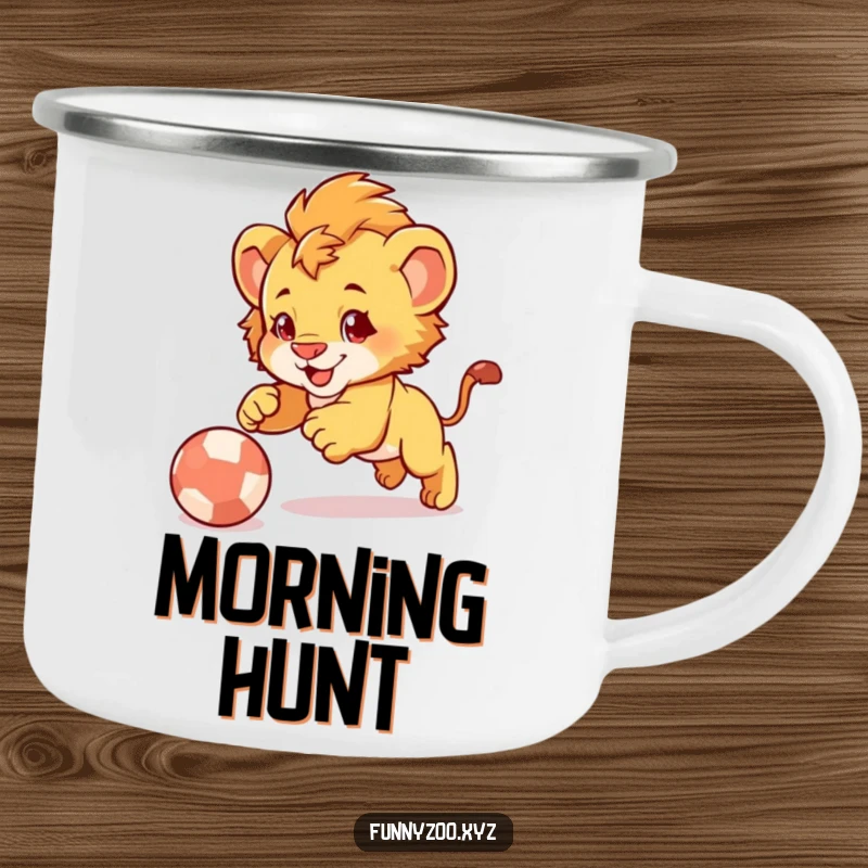 Funny Lion Cub Pounce Camping Mug: Durable mug with a cute lion cub playfully pouncing on a bouncing ball, perfect for camping.