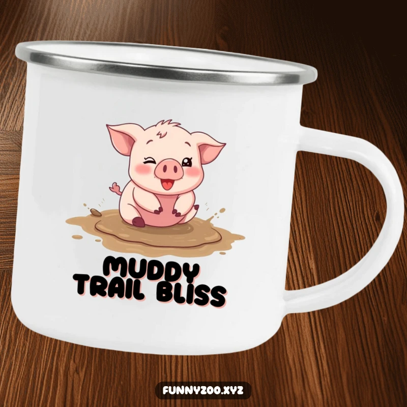 Funny piglet camping mug, character happily rolling in a mud puddle, durable for outdoors, silly and fun, great funny gift.