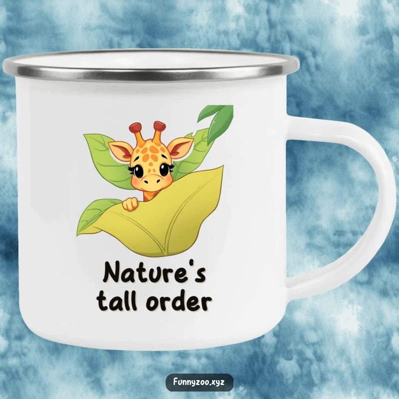 Funny giraffe camping mug showing a happy character peeking over a jungle leaf, perfect for outdoor adventures.