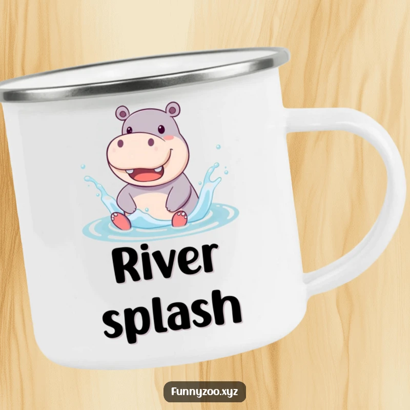 Funny Camping Mug featuring a jolly hippo character enthusiastically splashing in water, a humorous and durable cup for outdoor enjoyment.