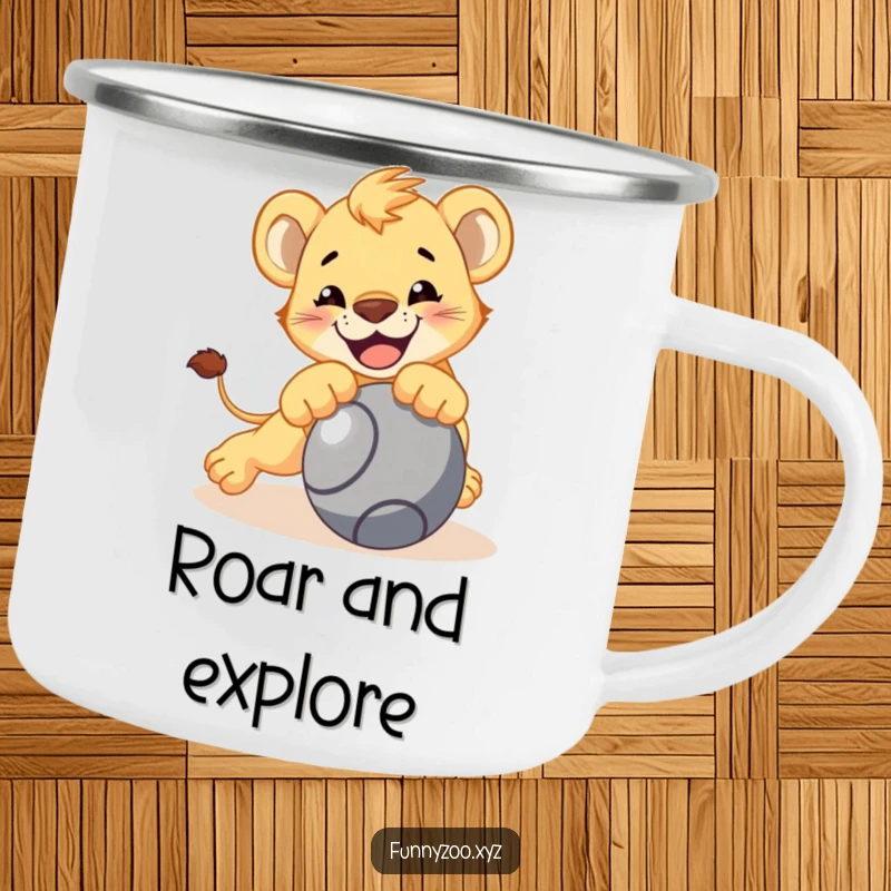 Funny lion cub camping mug, character playfully pouncing on a rolling ball, durable for outdoors, bold and fun, great funny gift.