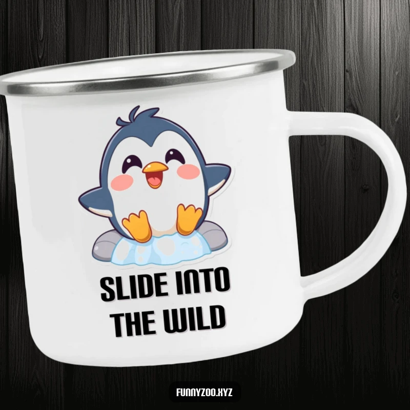 Funny Penguin Waterfall Camping Mug a surprised penguin laughs while sliding down a waterfall, making this enamel mug a humorous camping companion.