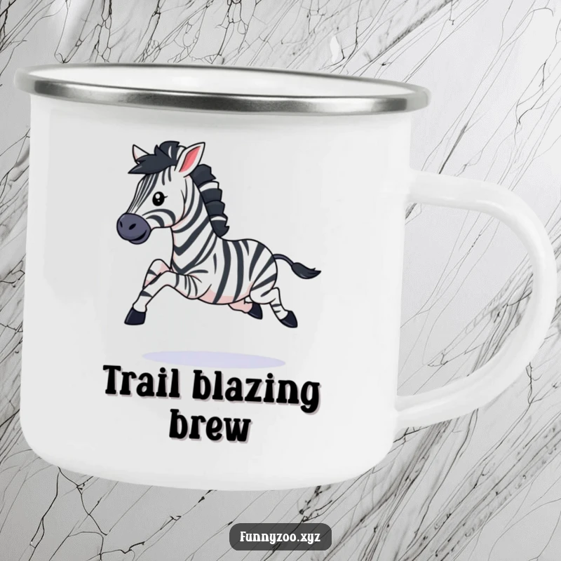 Funny camping mug featuring a playful zebra galloping with legs kicking, perfect for hot drinks during outdoor escapades.